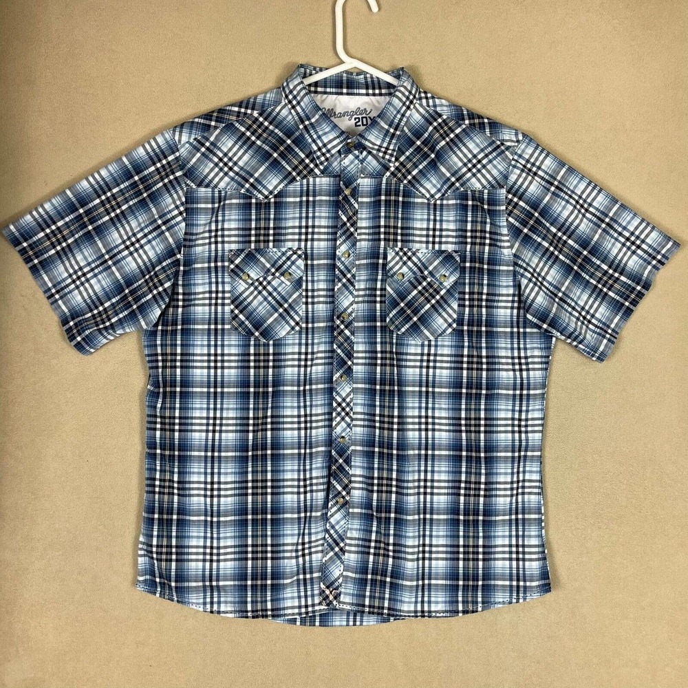 Wrangler Shirt Adult 2XL Blue‎ Plaid Short Sleeve 20X Logo Pockets Mens